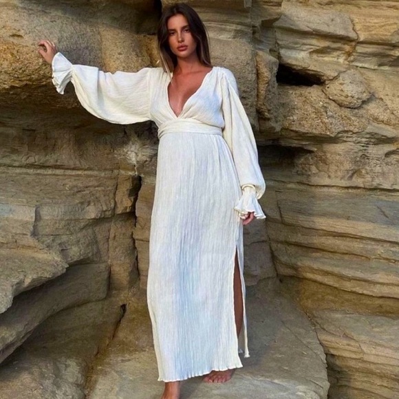 Savannah Morrow The label cream Mahri Crinkle, organic cotton BoHo midi dress - Picture 1 of 15